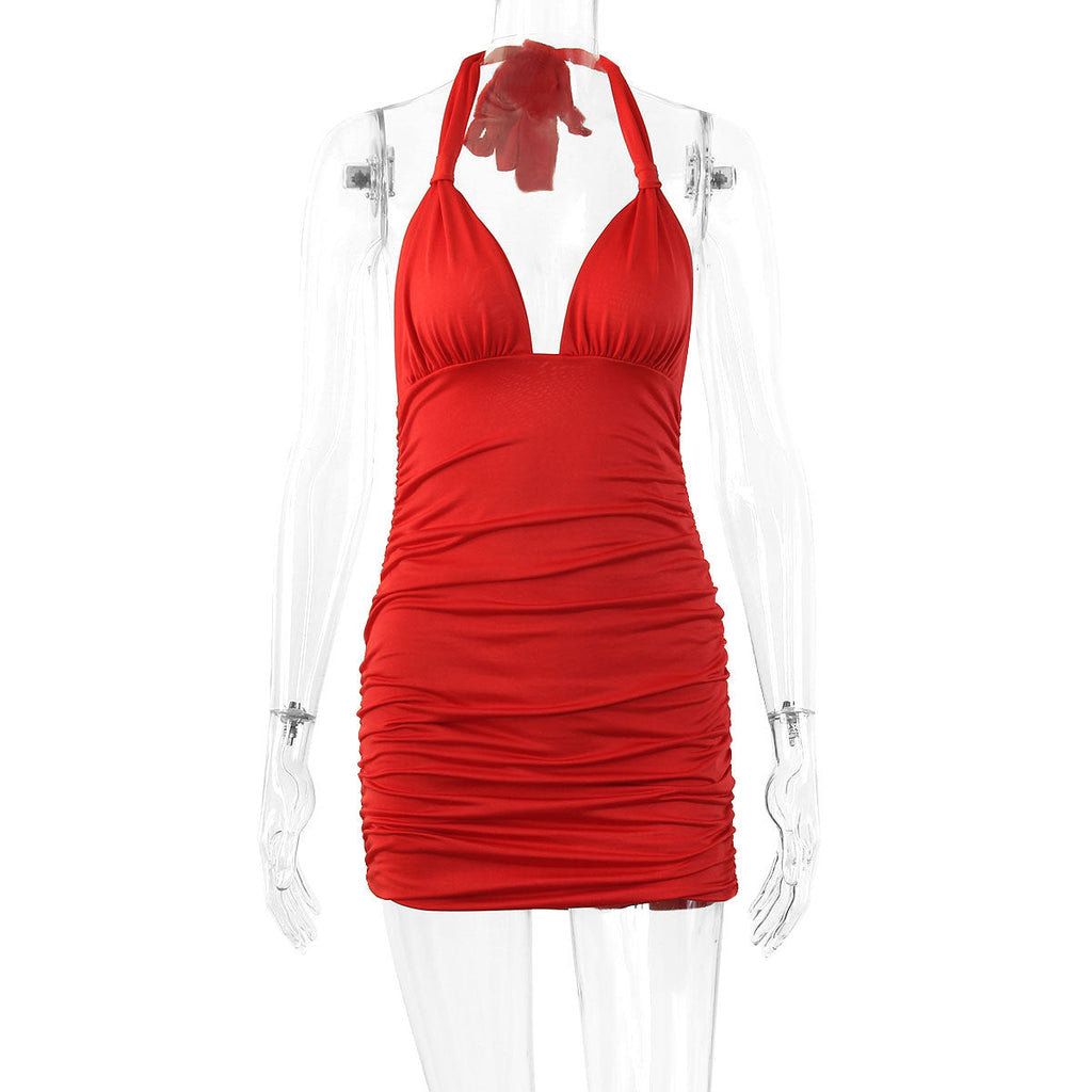 Summer Women Clothing Deep V-neck Halter Lace-up Backless Sexy Pleated Dress