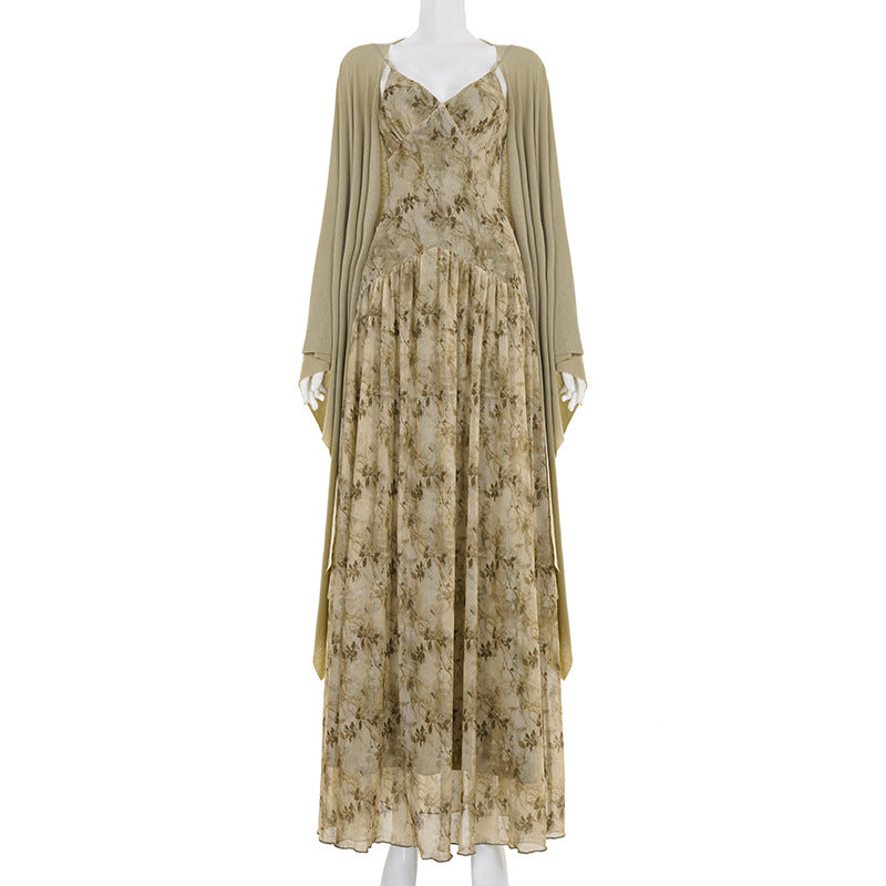Retro Mori Green Dress Slimming Batwing Sleeves Sun Protection Cardigan Cinched Slimming Maxi Dress Two Piece Sets