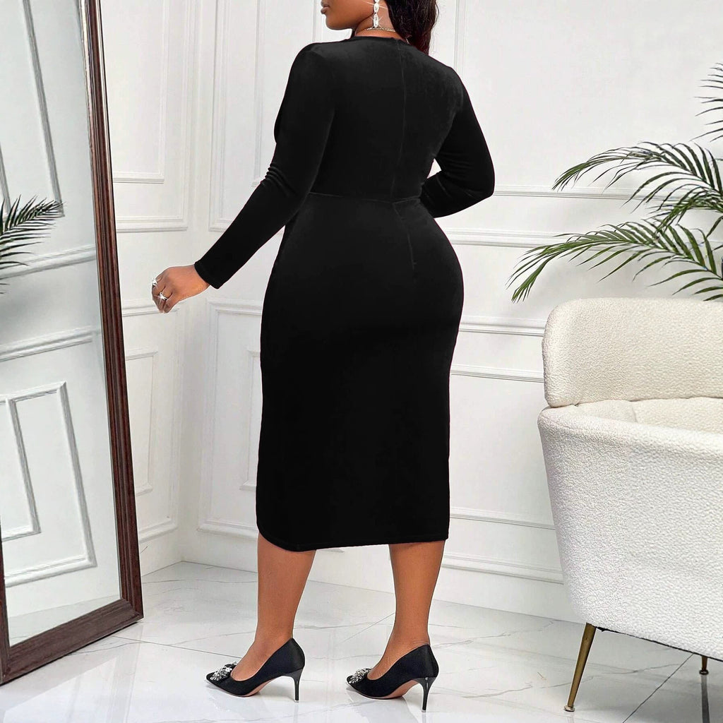 Velvet Dress Deep V Plunge neck Long Sleeve Pleated Waist Tight Split Slimming Christmas Sheath Dress