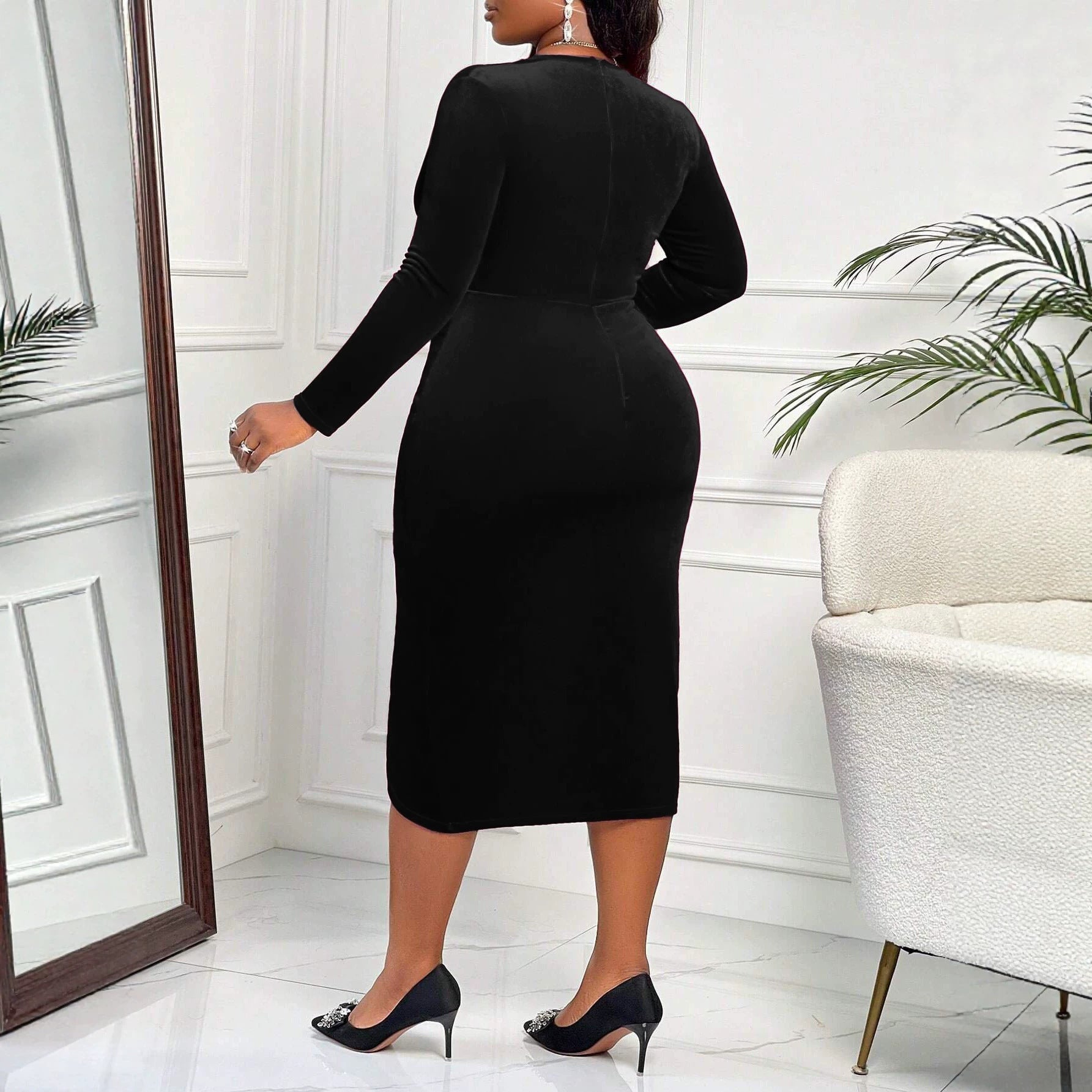 Velvet Dress Deep V Plunge neck Long Sleeve Pleated Waist Tight Split Slimming Christmas Sheath Dress