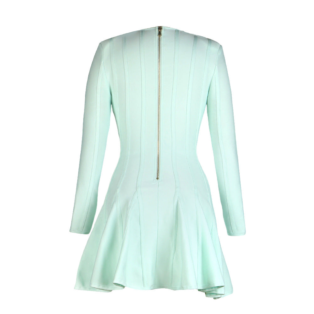 Green Long-Sleeved V neck Sexy Lion Buckle Layering Bandage Large Swing Dress