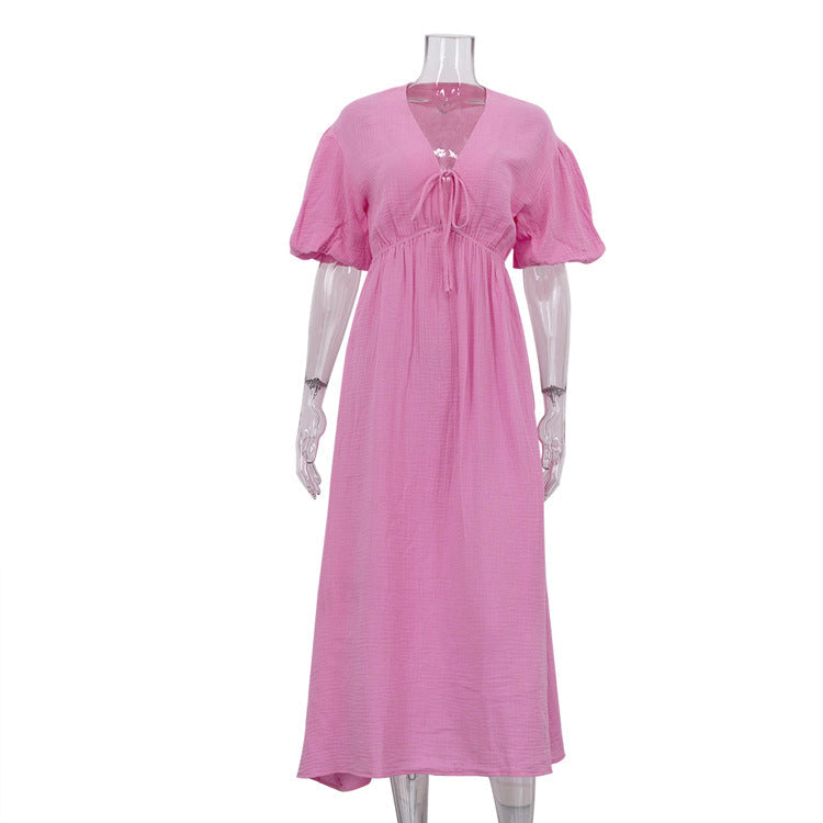 Women Clothing Cotton Double Layer Champray High Waist Dress V neck Puff Sleeve Lace up A line Long Dress