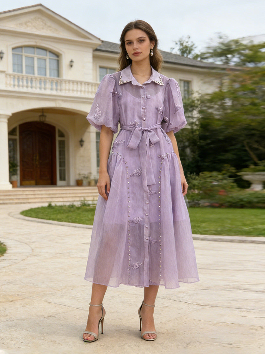 Spring Puff Sleeve Solid Color Waist Tight Collared Patchwork Maxi Dress Two Piece Elegant Dress for Women