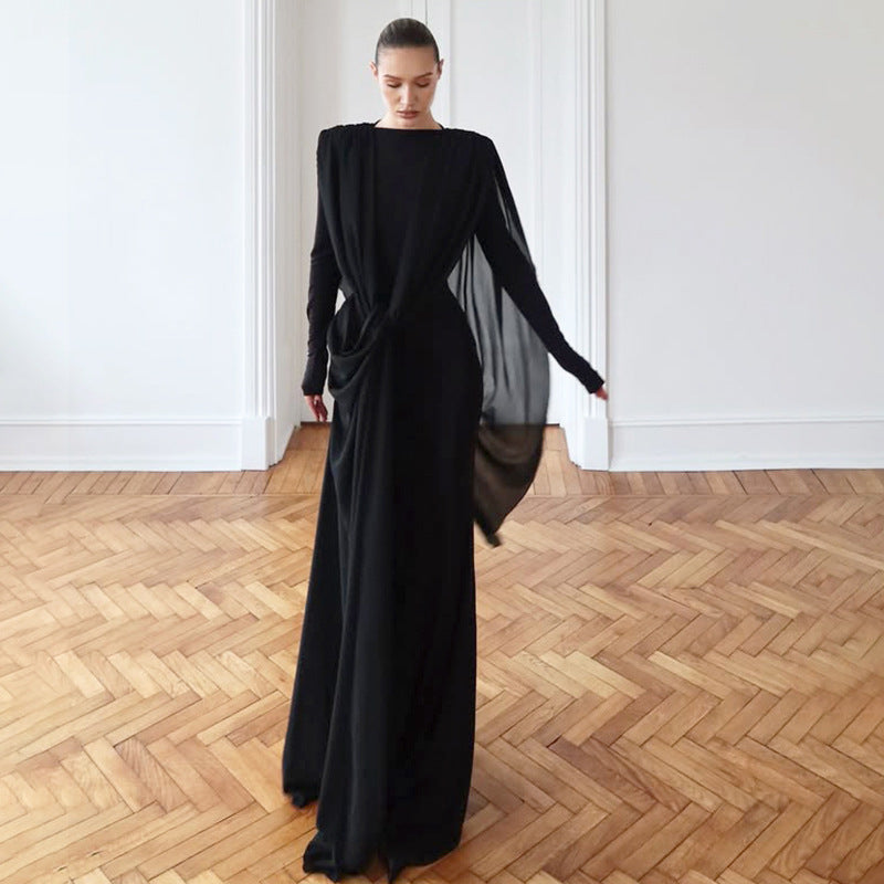 Autumn Winter Sexy Slim Fit Irregular Asymmetric Mesh Maxi Dress Solid Color Dress for Women