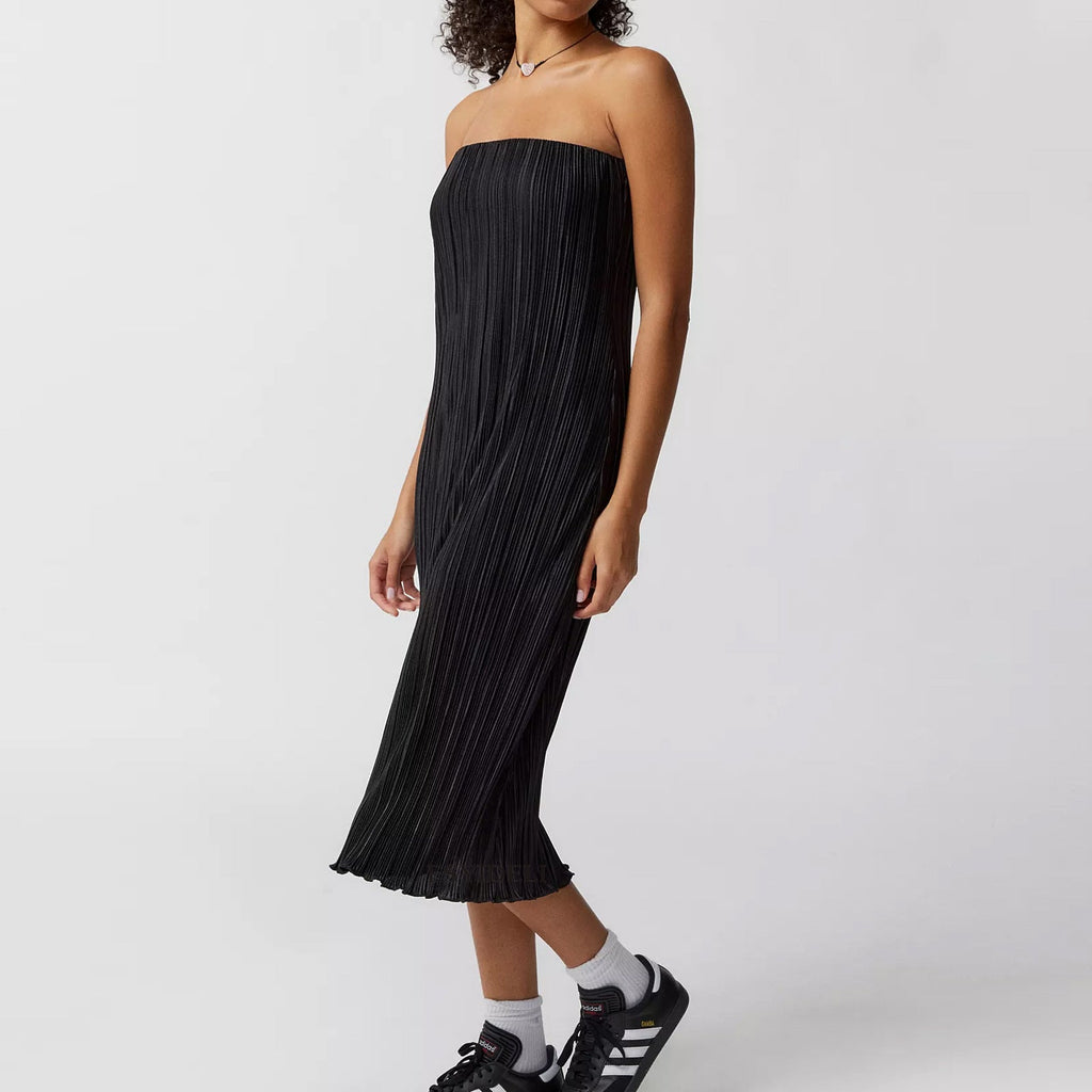 Solid Color Pleated Tube Top Backless Maxi Dress Summer Casual Loose Dress Women