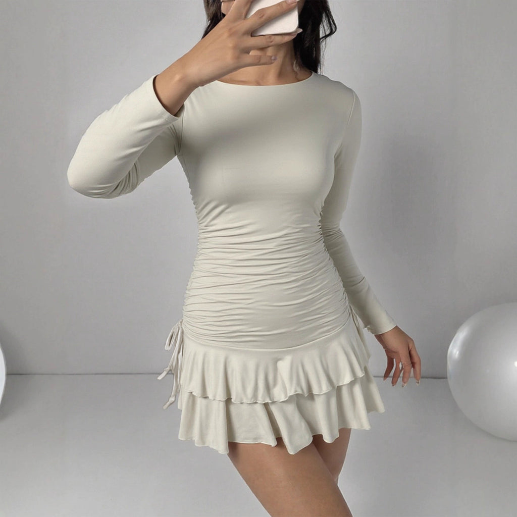 Sexy Slim Long Sleeve Tiered Dress Drawstring Graceful Fashionable Women Short Dress