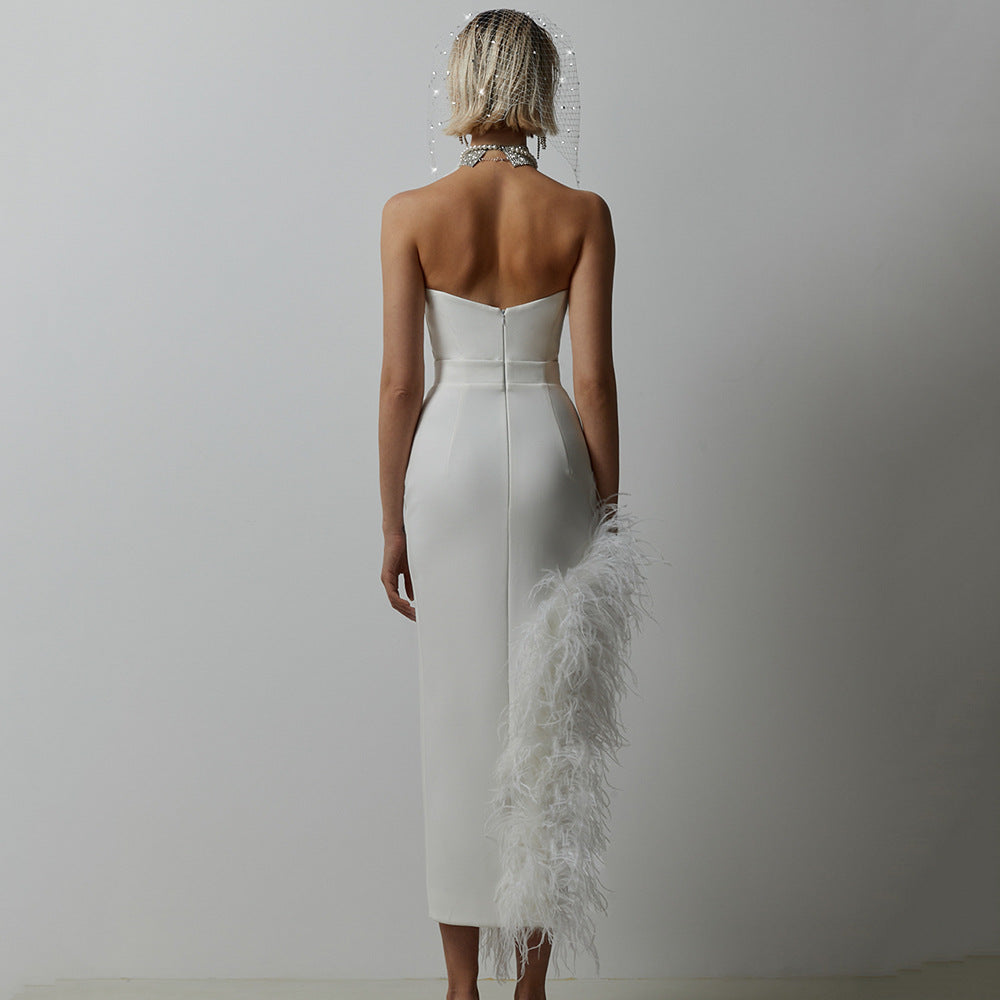 Sexy Split Tube Top Side Feather Bandage Slim Elastic Party Midi Dress Dress