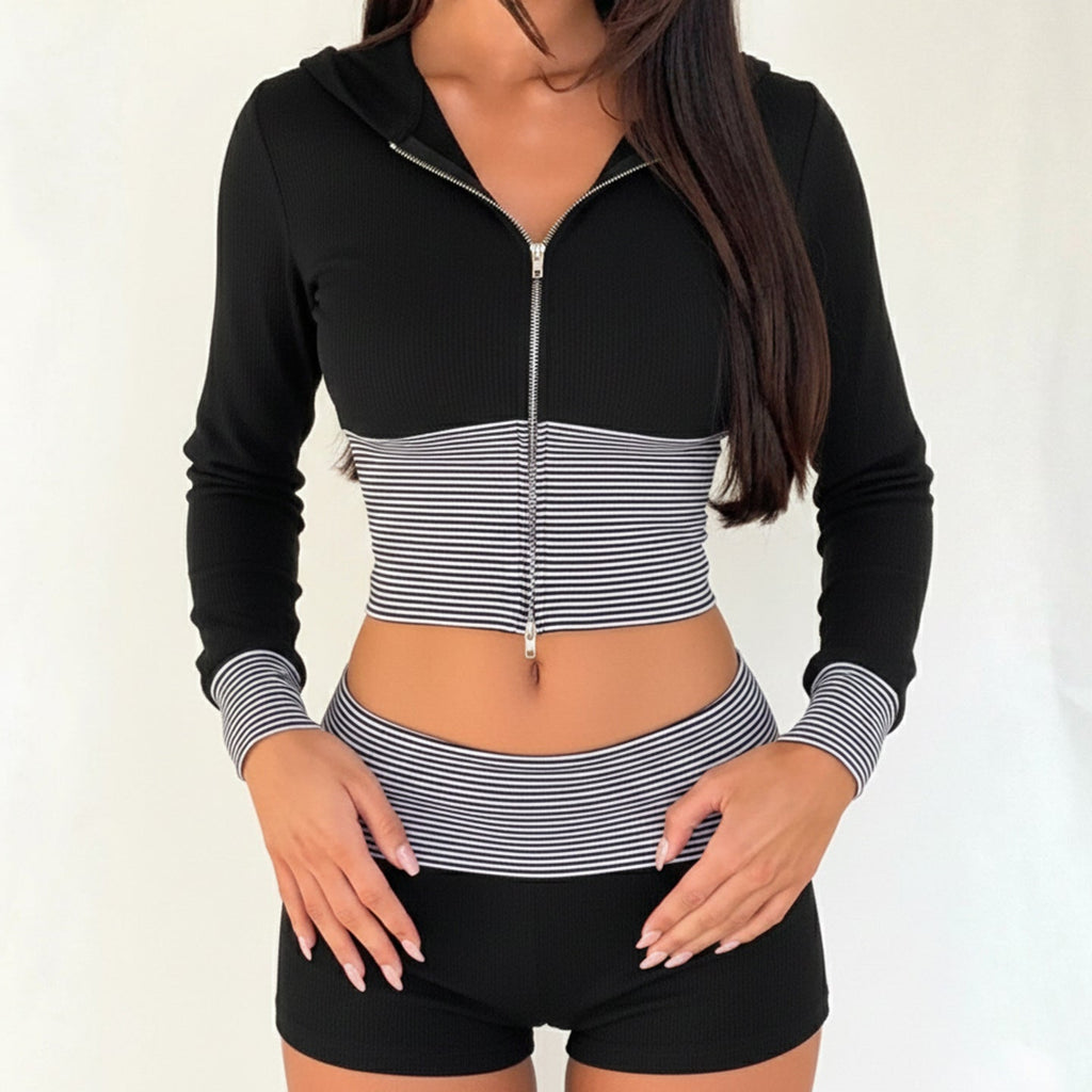 Women Wear Casual Striped Stitching Contrast Color Zipper Hooded Top Shorts Two Piece Set
