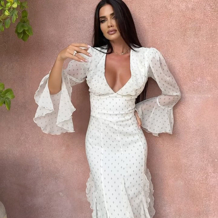 Spring Autumn Digital Printed Chiffon Dress Women Design Ruffled Bell Sleeve High Waist Maxi Dress