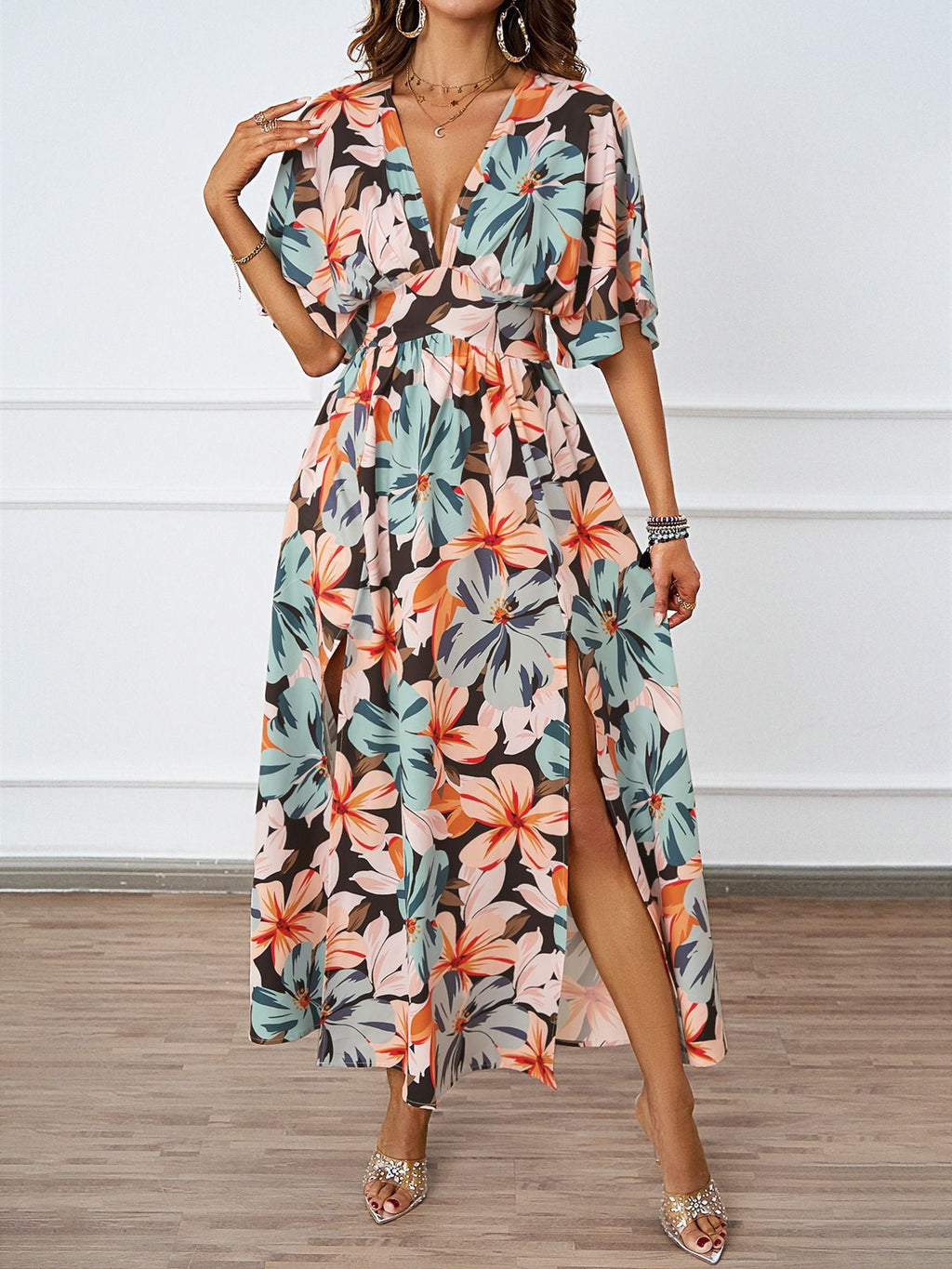 Summer Floral Print Maxi Dress Elastic Band Waist Tight Big V neck Short Sleeve Dress for Women