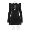 Autumn Winter Women Clothing Hollow Out Cutout Sexy Padded Shoulder Solid Color Waist Tight Design Dress