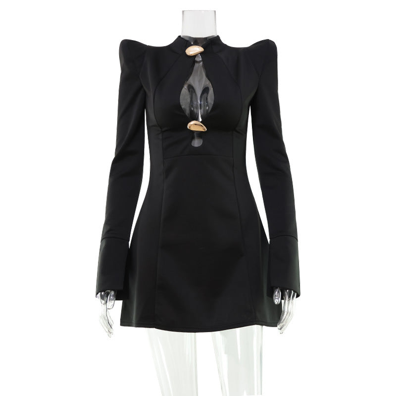 Autumn Winter Women Clothing Hollow Out Cutout Sexy Padded Shoulder Solid Color Waist Tight Design Dress