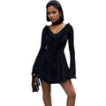 Long Sleeve V neck Flounce Chiffon Patchwork Fashionable Stylish Slim Slimming A line Dress