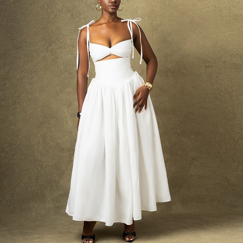 Women Clothing Solid Color Dress off the Shoulder Strap Sleeveless Large Dress