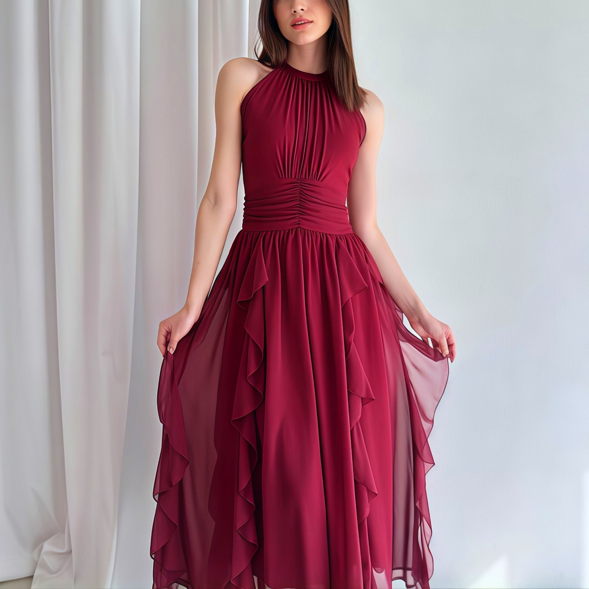 Summer Women Clothing French Ruffled Waist Slimming Dress