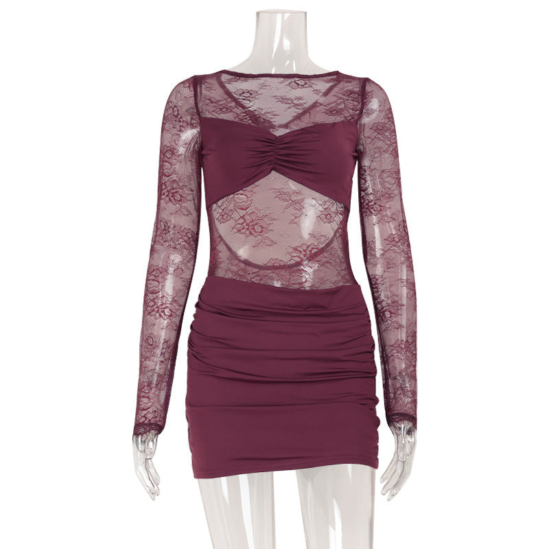 Sexy Night Club Women Sexy Lace Micro Transparent Stitching Long Sleeve Narrow Short Dress