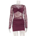 Sexy Night Club Women Sexy Lace Micro Transparent Stitching Long Sleeve Narrow Short Dress