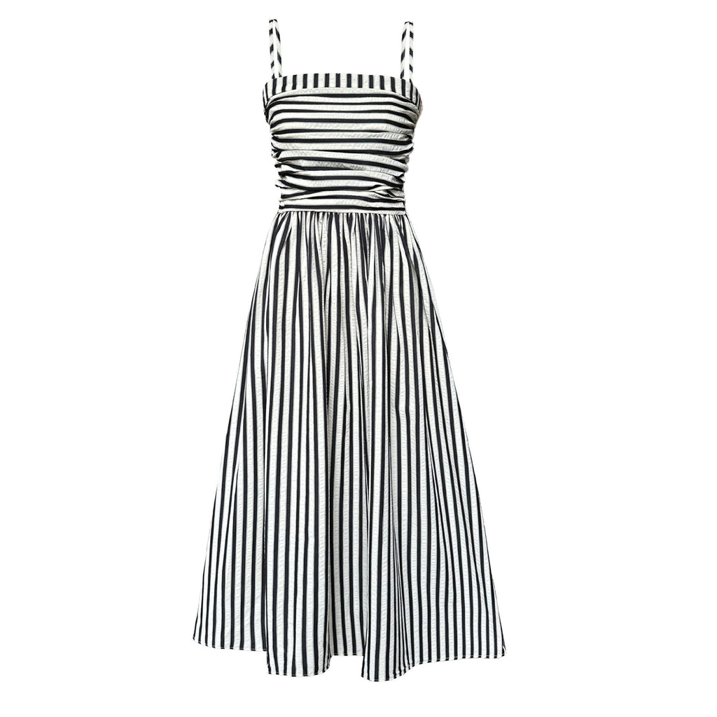 French Striped Bandeau Sling Dress Women High Grade off the Shoulder Pleated Waist Tight A line Long Summer