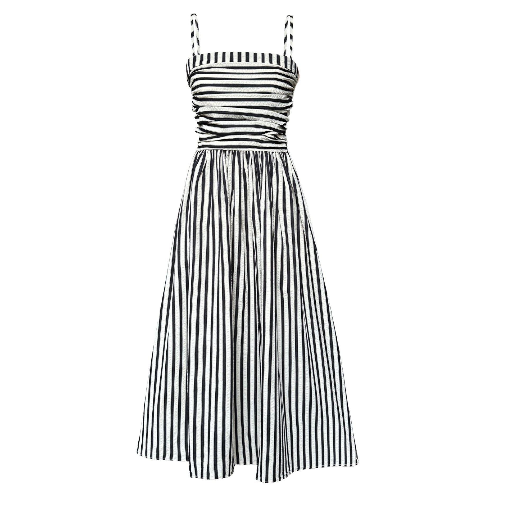 French Striped Bandeau Sling Dress Women High Grade off the Shoulder Pleated Waist Tight A line Long Summer