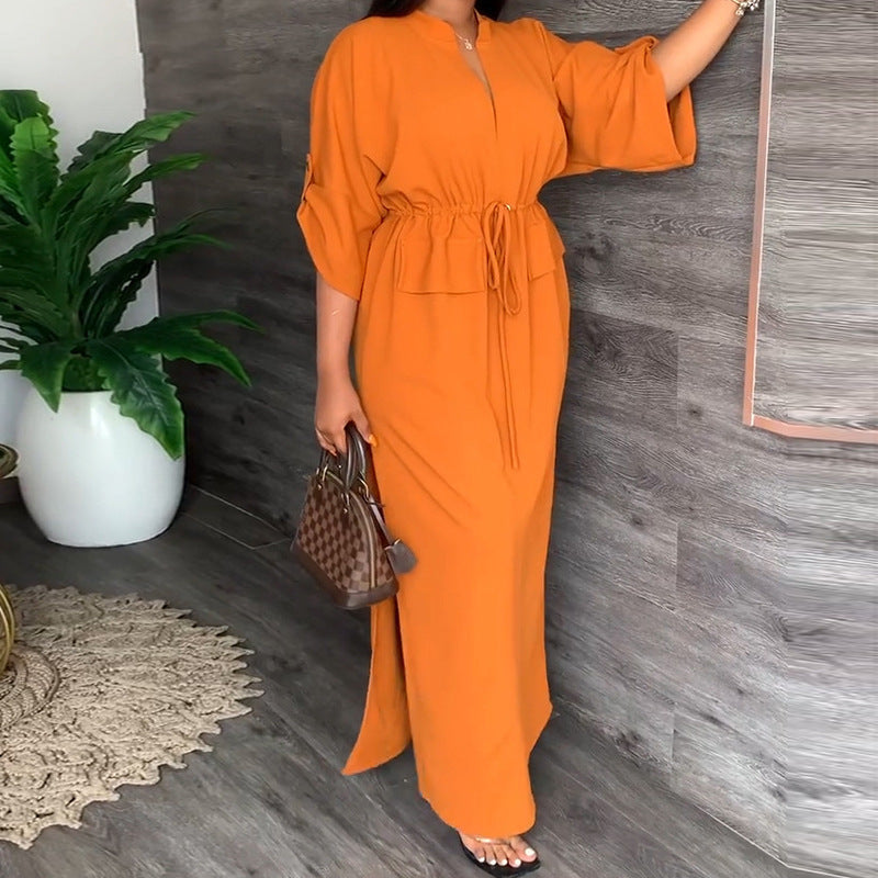 Autumn Women Clothing Casual Stand Collar Split Dress Solid Color Dress