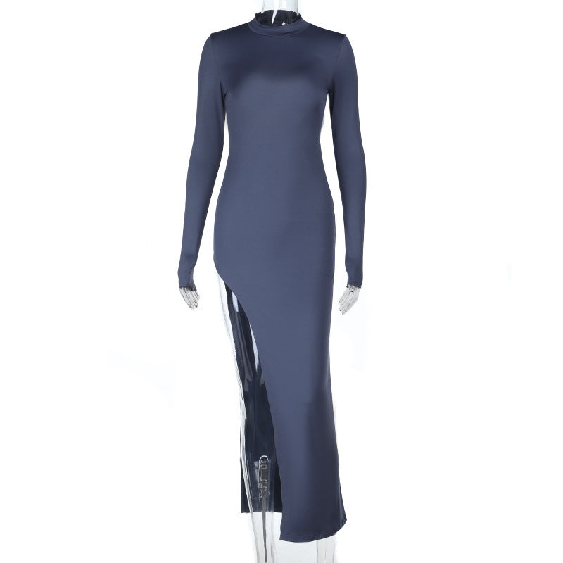 Half Turtleneck Sexy Backless Slim Fit Split Long Sleeve Dress Women Autumn Maxi Dress