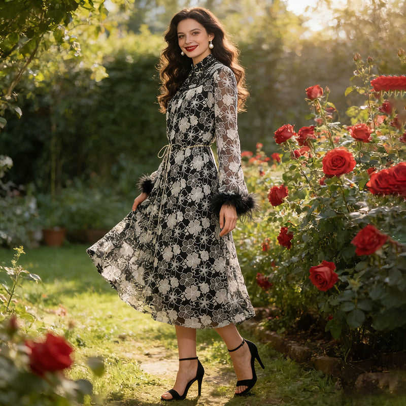 Spring Elegant Retro Stand Collar Fur Bell Sleeve Waist Slimming Floral Dress