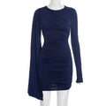 Women Clothing Autumn Winter Solid Color One Shoulder Streamer Long Sleeve Pleated Sheath Short Dress