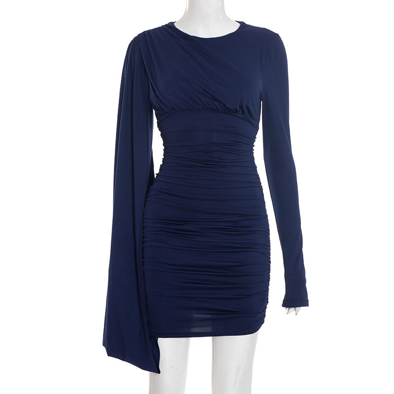 Women Clothing Autumn Winter Solid Color One Shoulder Streamer Long Sleeve Pleated Sheath Short Dress