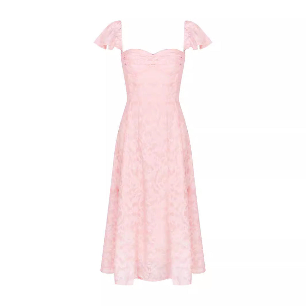 Women Wear Pink Sexy Square Neck Fitted Waist Backless Mid Length Dress French Dress