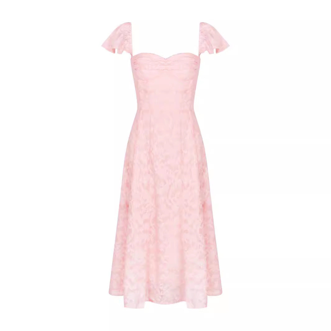 Women Wear Pink Sexy Square Neck Fitted Waist Backless Mid Length Dress French Dress