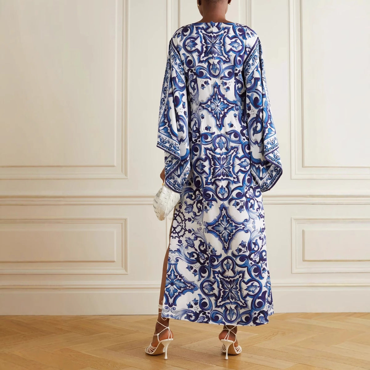 Women Blue White Porcelain Printed off Neck Loose Dress