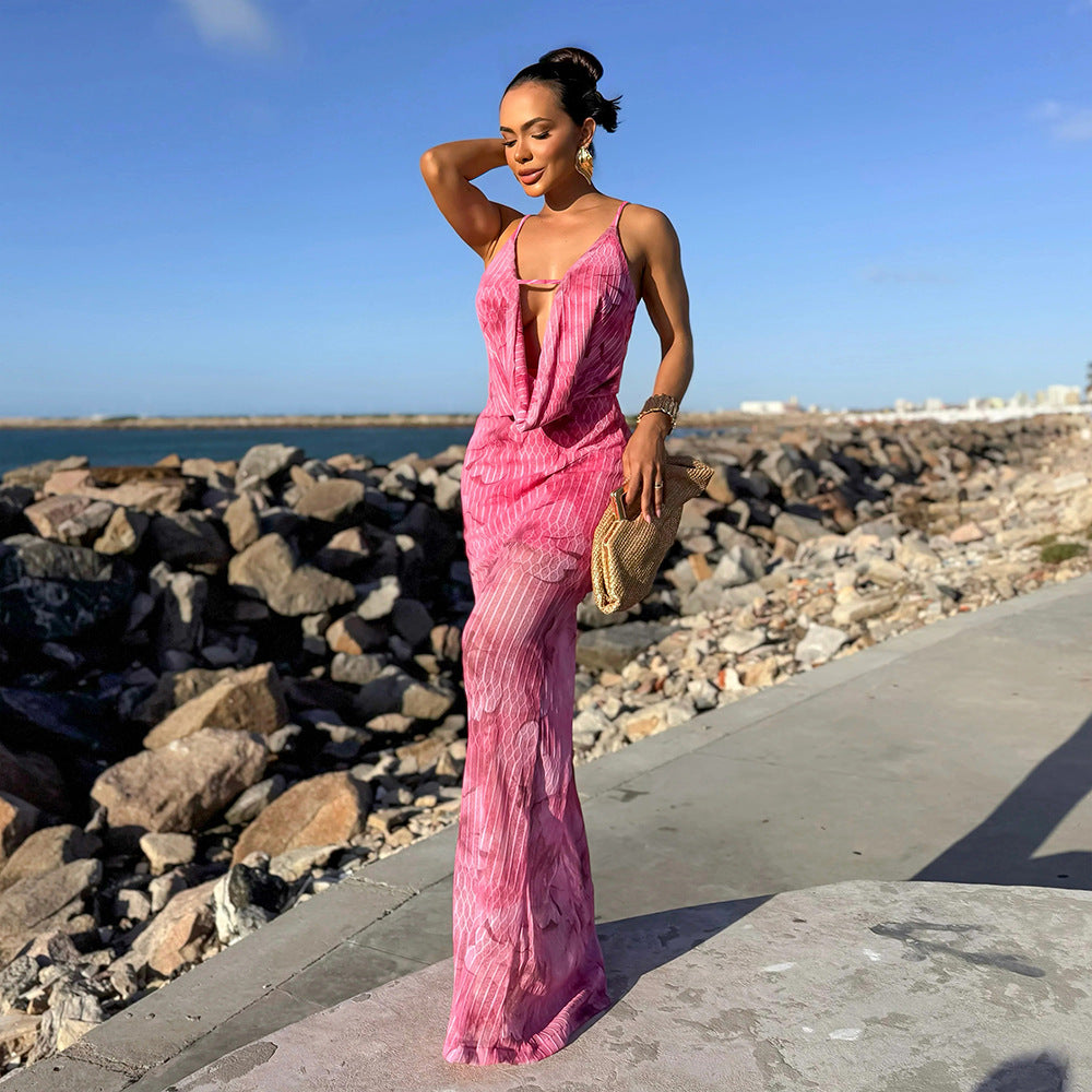 Sexy Deep V Plunge Strap Printed Slim Fit Maxi Dress Dress
