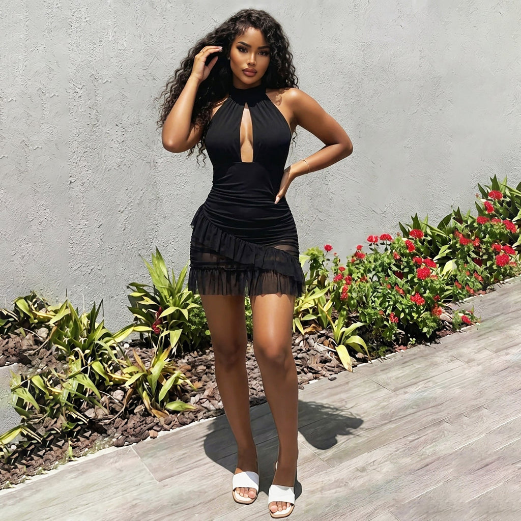 Summer Women Clothing Halter Backless Sexy Cutout See through Ruffled Sexy Sheath Dress