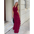 Halter Wooden Ear Slit Dress V neck Pleated Ruffled Waist Tight Sexy Dress