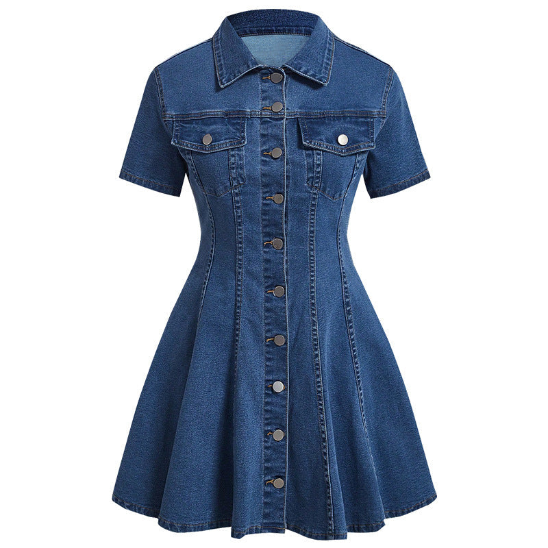 Women Clothing Denim Short Sleeved Cardigan Waist Tight Dress