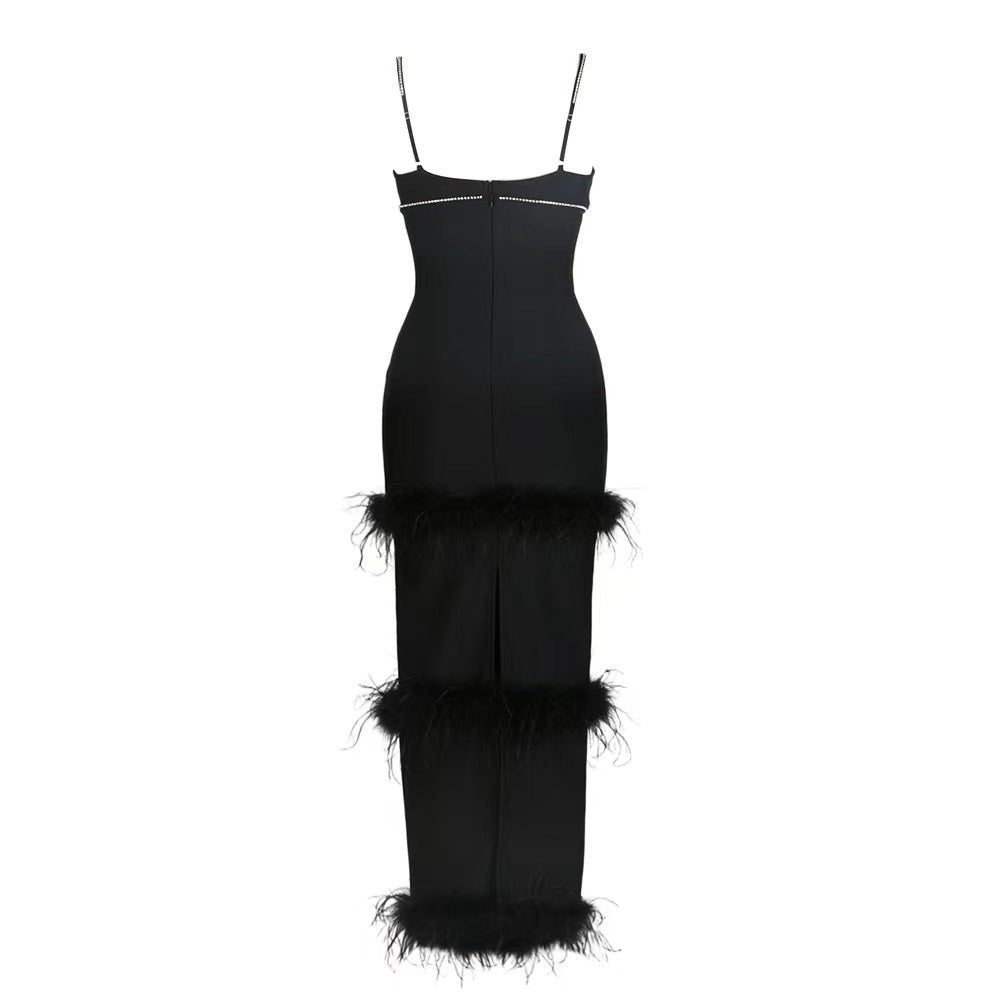 Women Clothing Sexy Black Camisole V neck round Bar Ostrich Hair Chain Knitted Bandage One Piece Dress