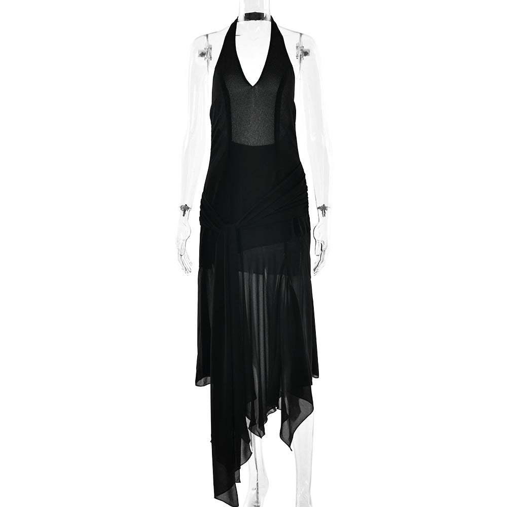 Summer Halter Chiffon See through Dress Sexy Deep V Plunge Ribbon Dress