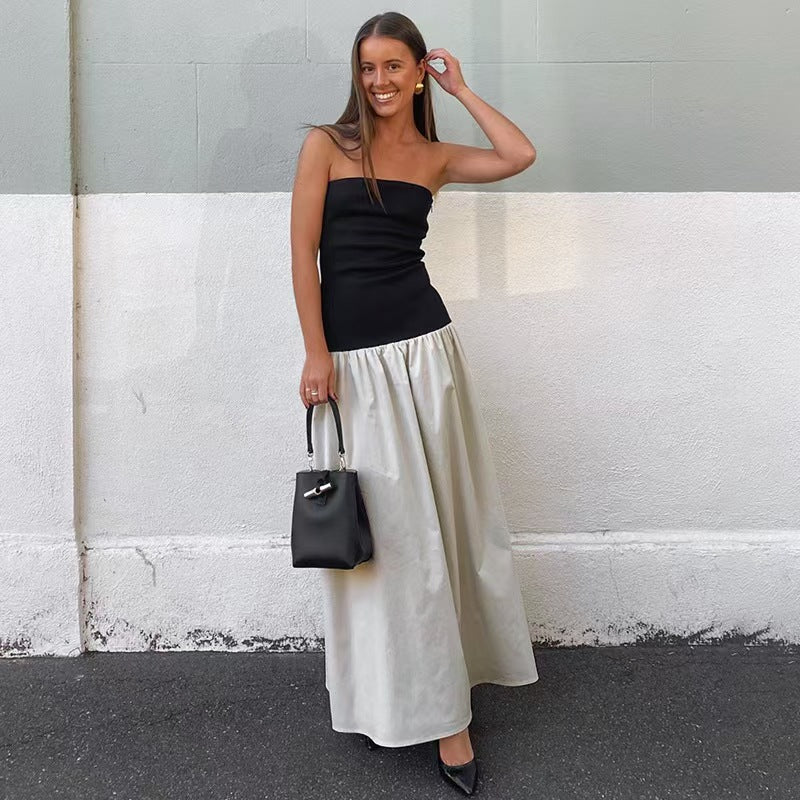 Women Clothing Summer Wrapped Chest Sexy Slimming Beam Waist Pleated A line Dress