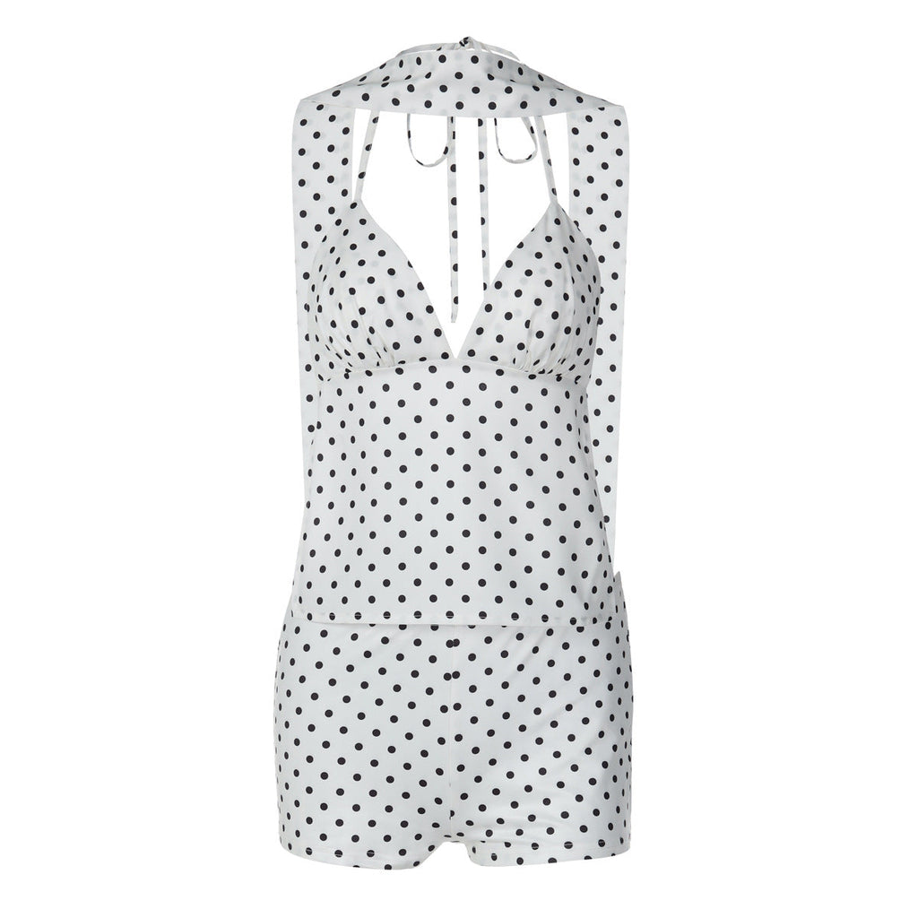 Women Clothing Winter Sexy Polka Dot Self Tie Vest Backless Slim Fit Shorts Two Piece Set