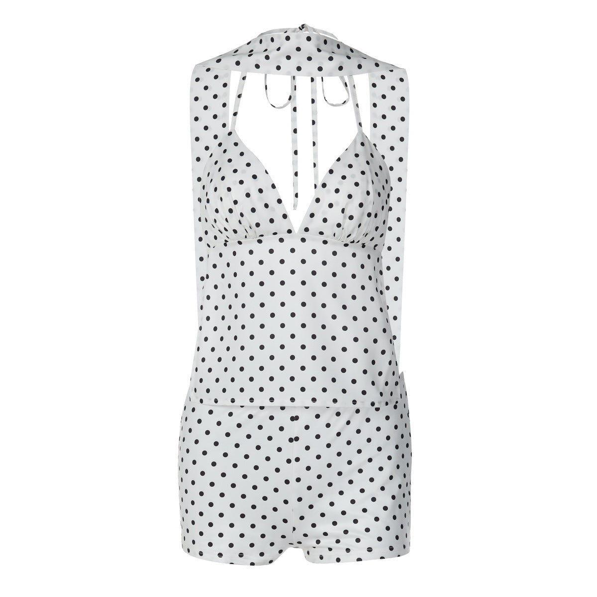 Women Clothing Winter Sexy Polka Dot Self Tie Vest Backless Slim Fit Shorts Two Piece Set