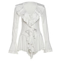 Fall Women Clothing V neck Slim Fit Tied Ruffled Flare Sleeve Dress