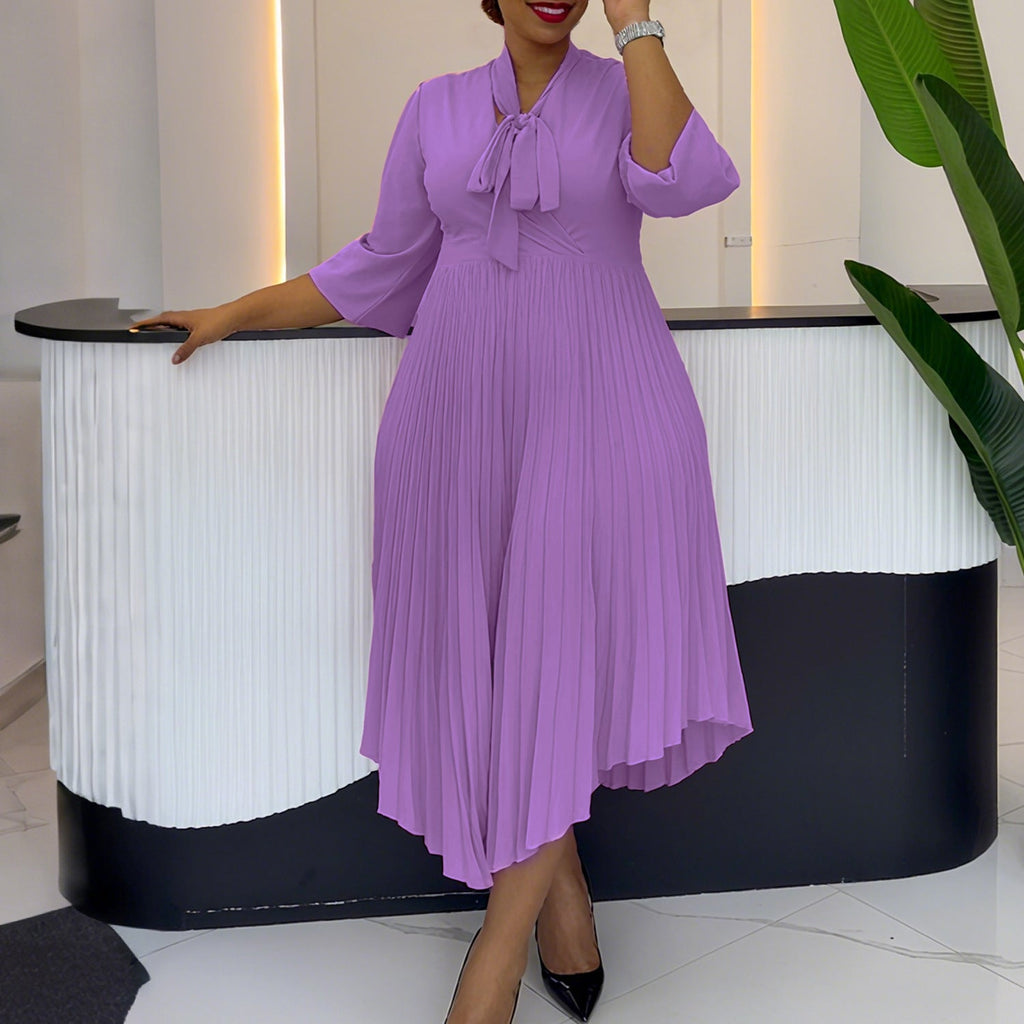 Three Quarter Sleeve Lace up Elegant Asymmetric Dress Pleated Dress