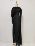Dinner Light Luxury Formal Dress Autumn round Neck Stitching Pleated Nipped Waist Slimming Dress Women