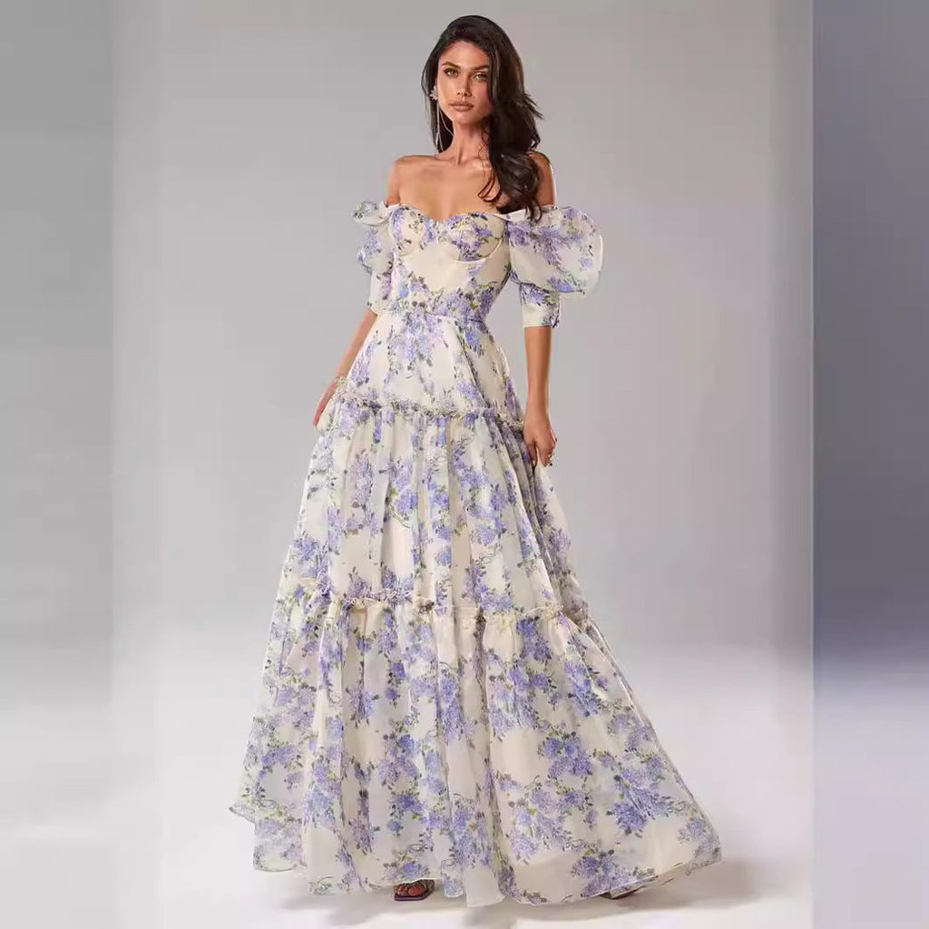 Spring Summer off the Shoulder Women Organza Fairy Long Elegant Evening Dress