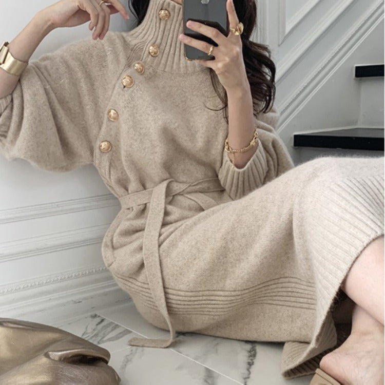 Japanese Korean Lace up Waist Trimming Knitted Dress Autumn Winter Loose Slimming All Matching Turtleneck Long Sweater for Women