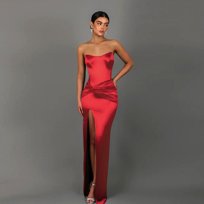 Autumn Socialite Elegant Sexy Twisted Waist Split Tube Top Satin Dress