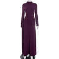 Women Clothing Winter Solid Color High Collar Long Sleeve Pinch Pleated Ribbon Elegant Maxi Dress