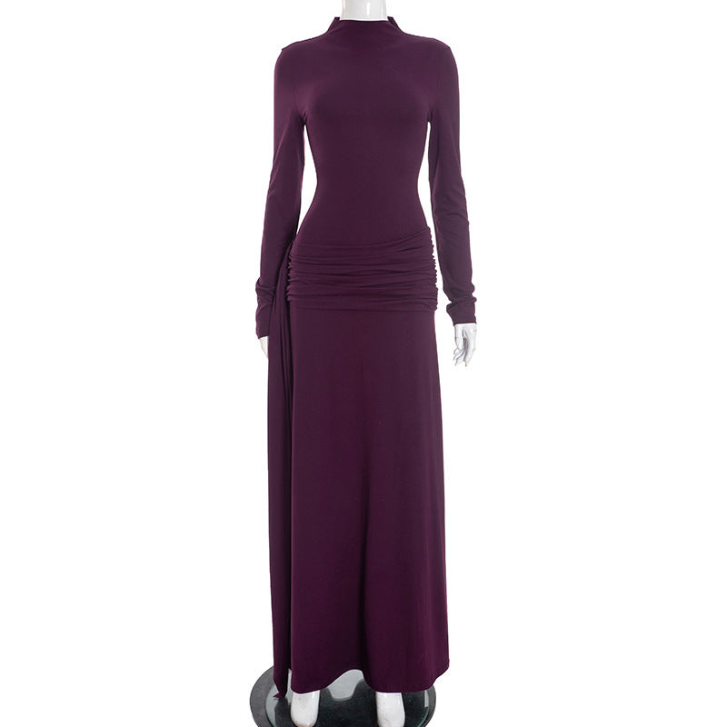 Women Clothing Winter Solid Color High Collar Long Sleeve Pinch Pleated Ribbon Elegant Maxi Dress