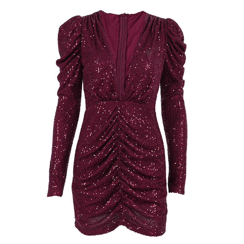 Spring V neck Sexy Sequined Elegant Slim Fit Long Sleeve Hip Dress