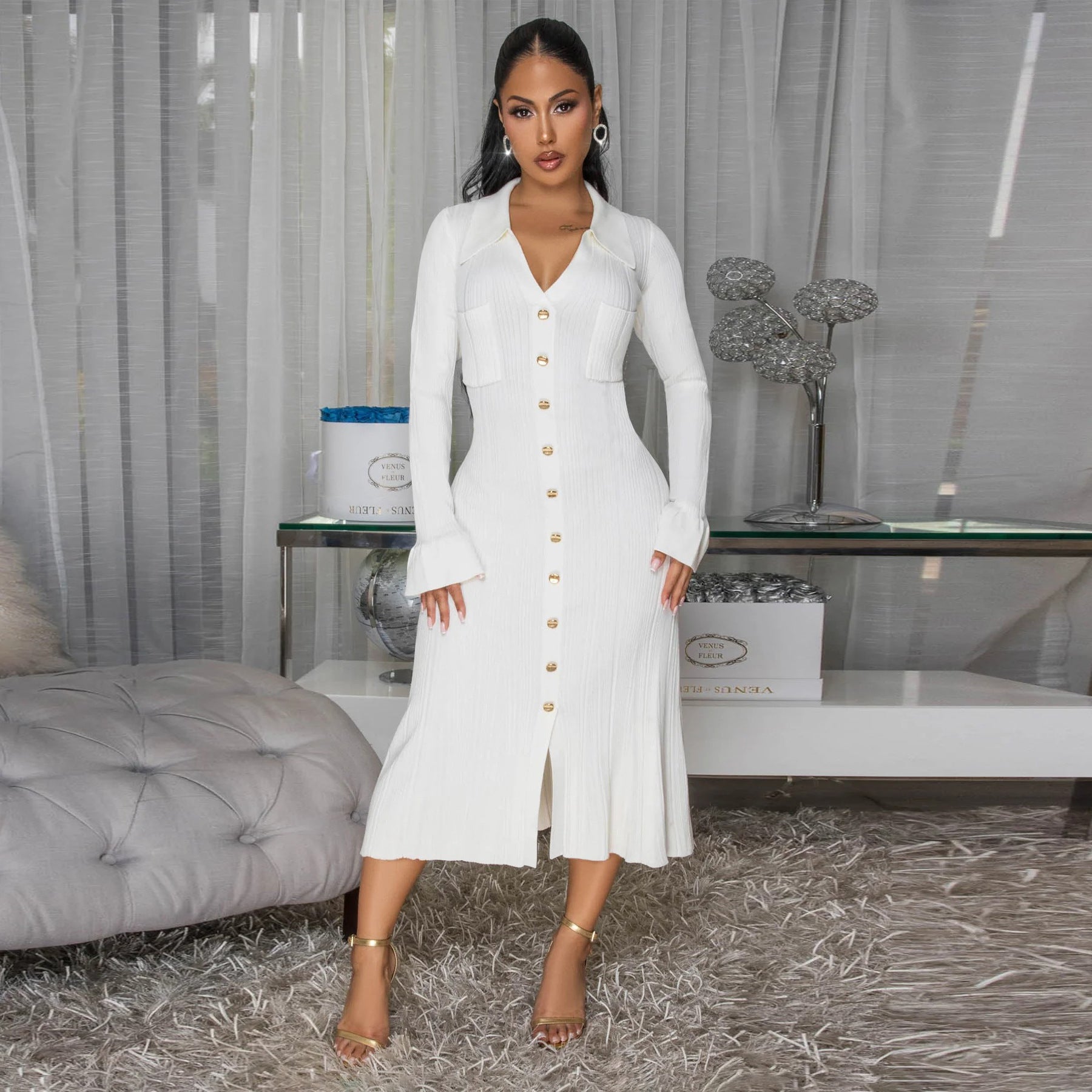 Women Wear V neck Solid Color Dress Single Breasted Long Sleeve Dress